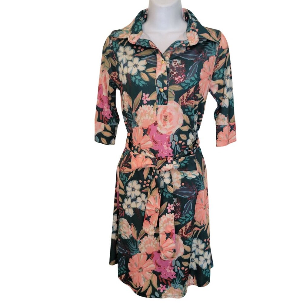Vera Fishbaugh Vfish‎ XS Tropical Floral Belted Dress Resort Cruise Party